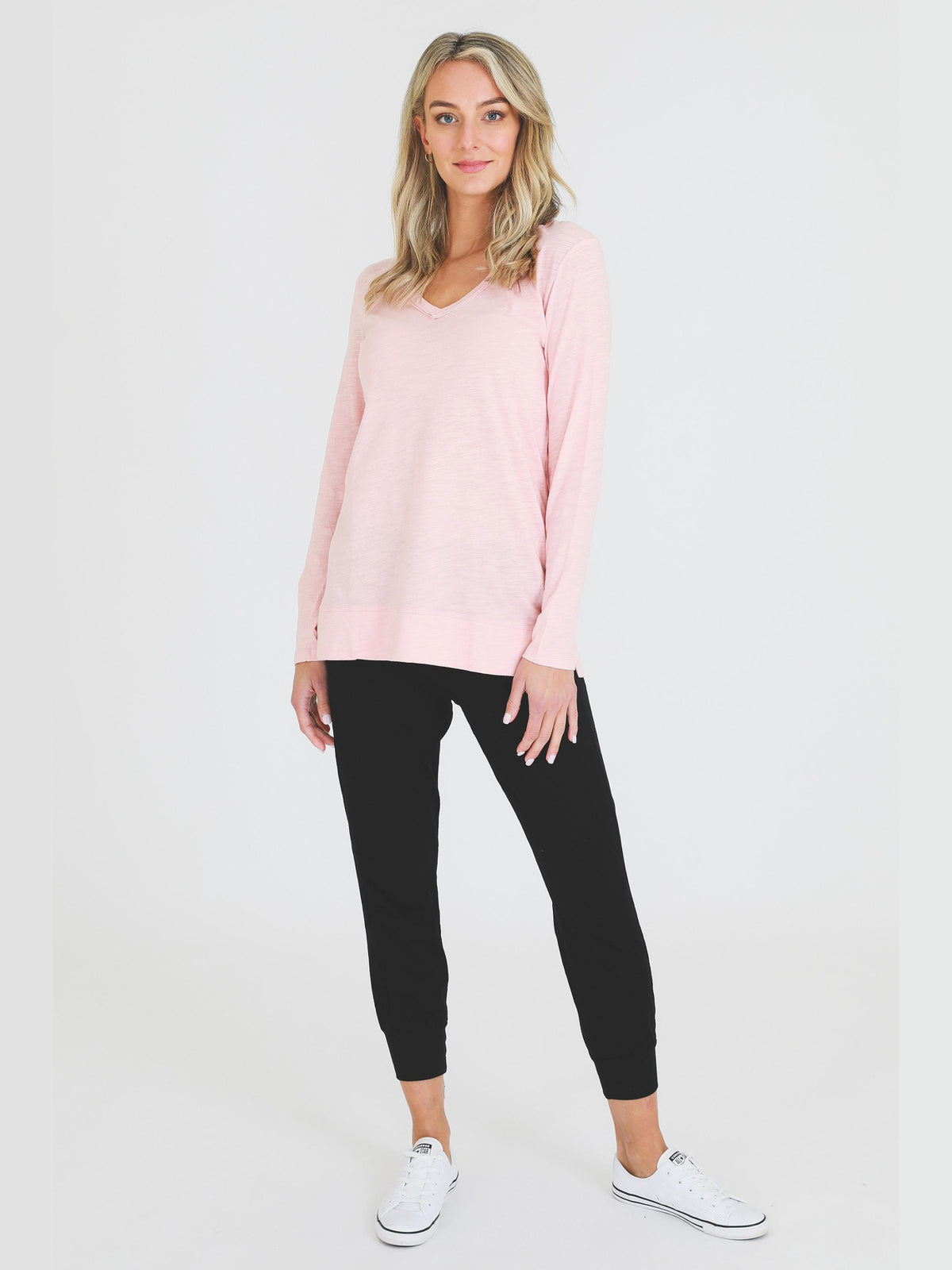 misty rose v neck long sleeve tee #color_misty rose