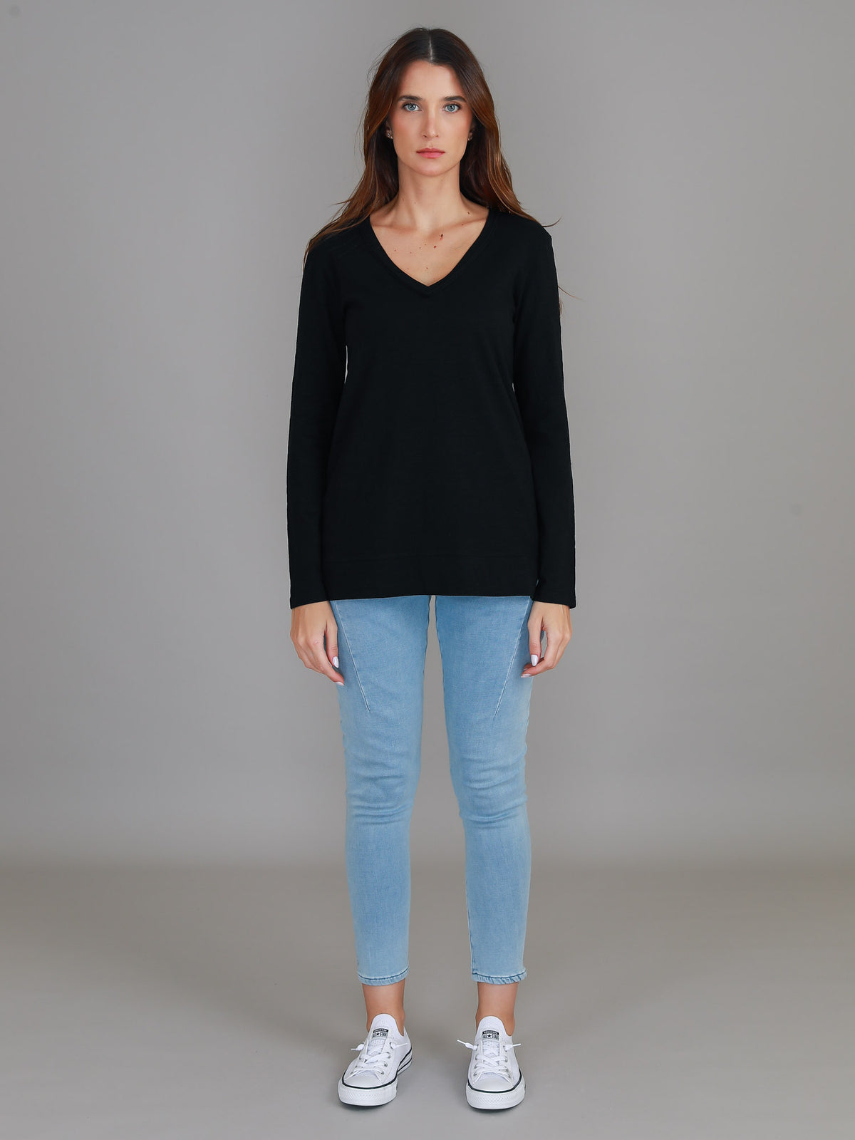 black cotton v neck long sleeve