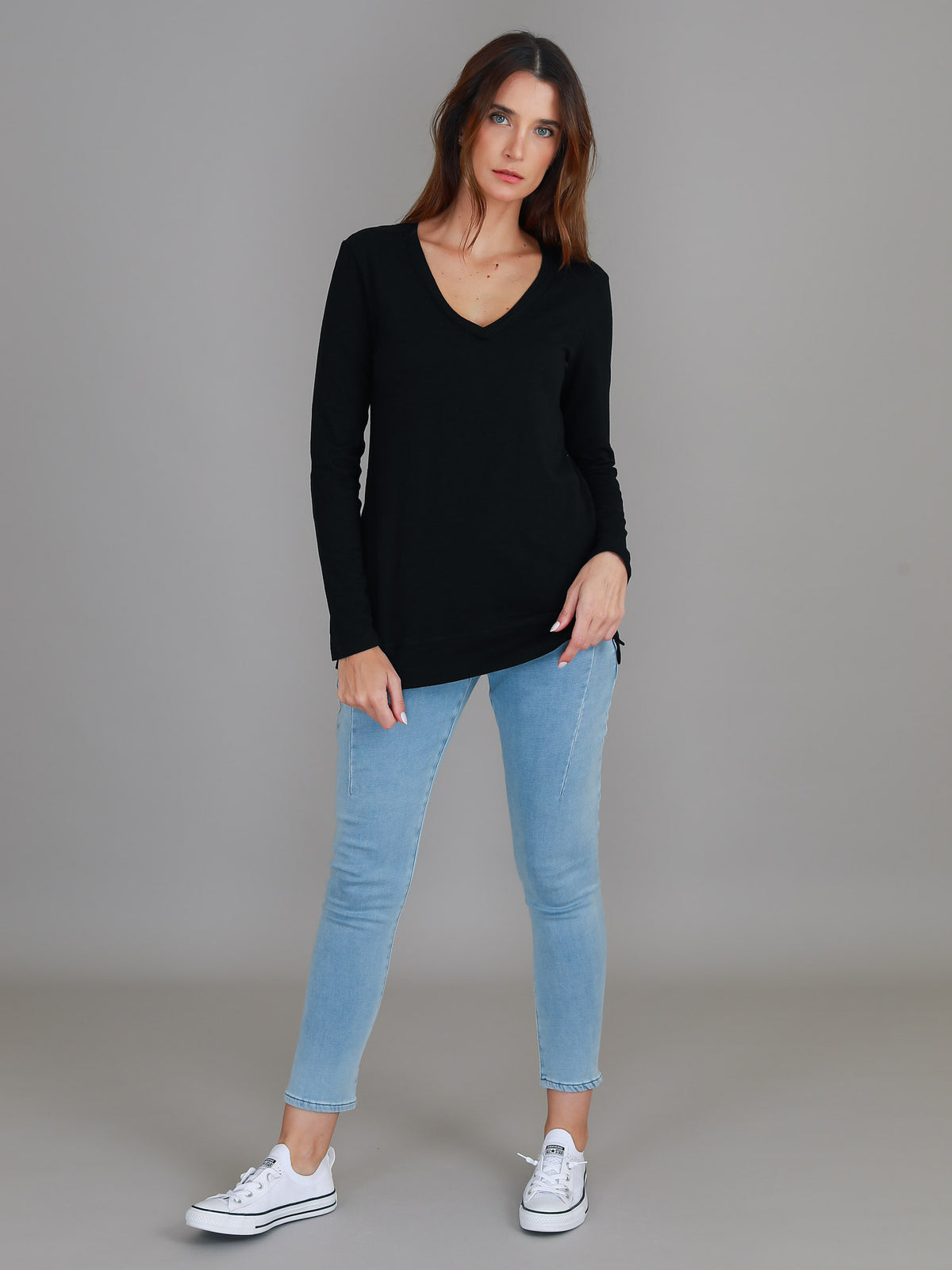 black v neck tee long sleeve
