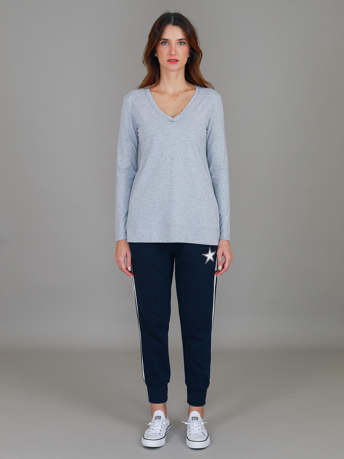 grey cotton v neck long sleeve