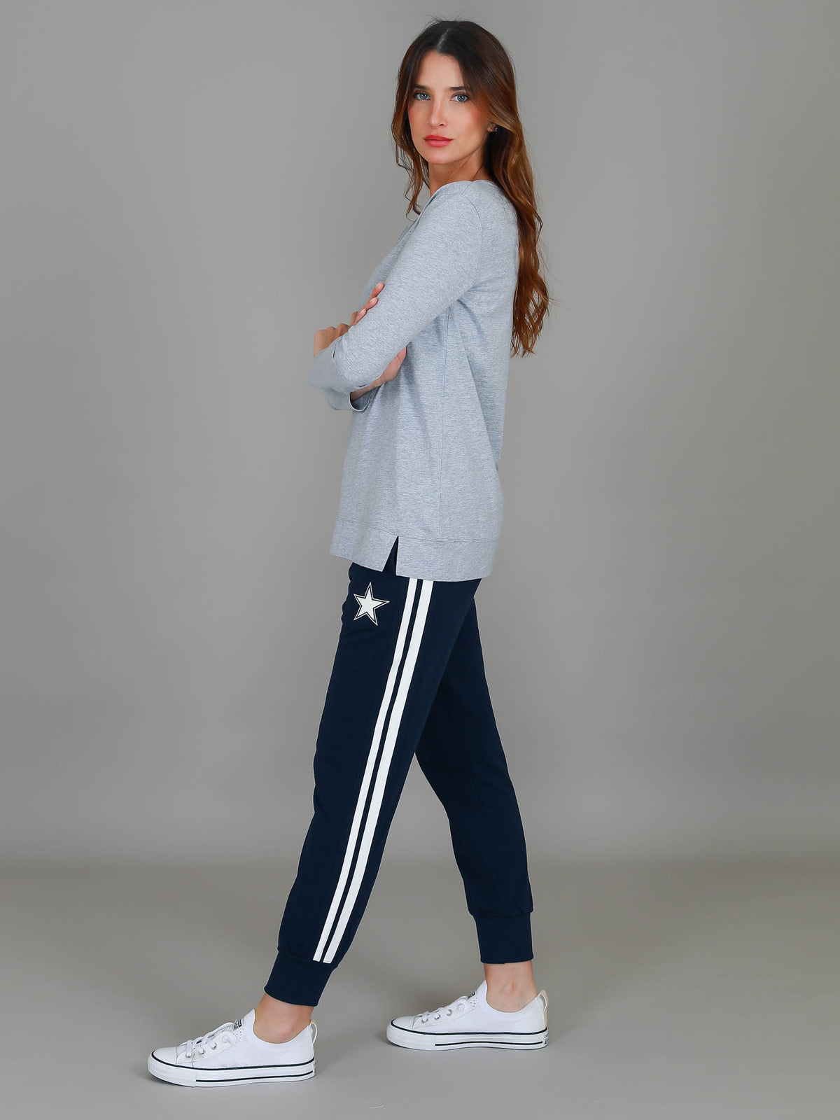 grey marle side split v neck