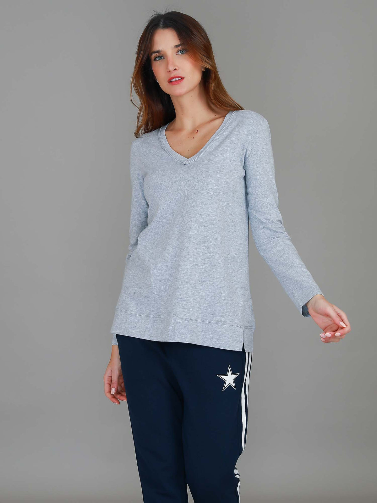 grey marle v neck long sleeve tee