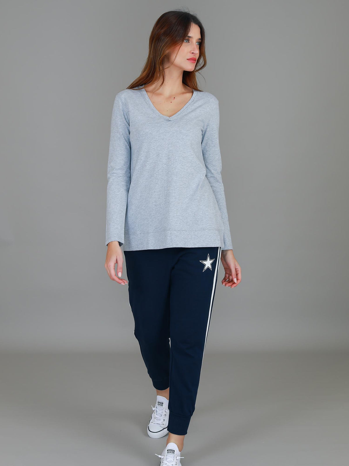 grey v neck long sleeve top