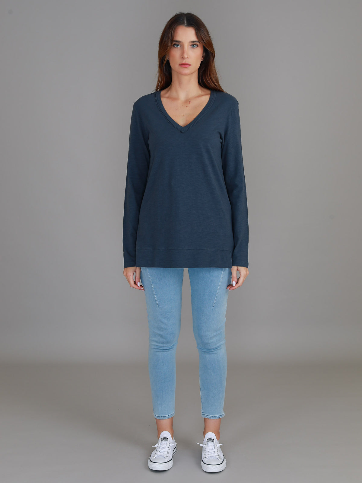 indigo cotton v neck long sleeve tee