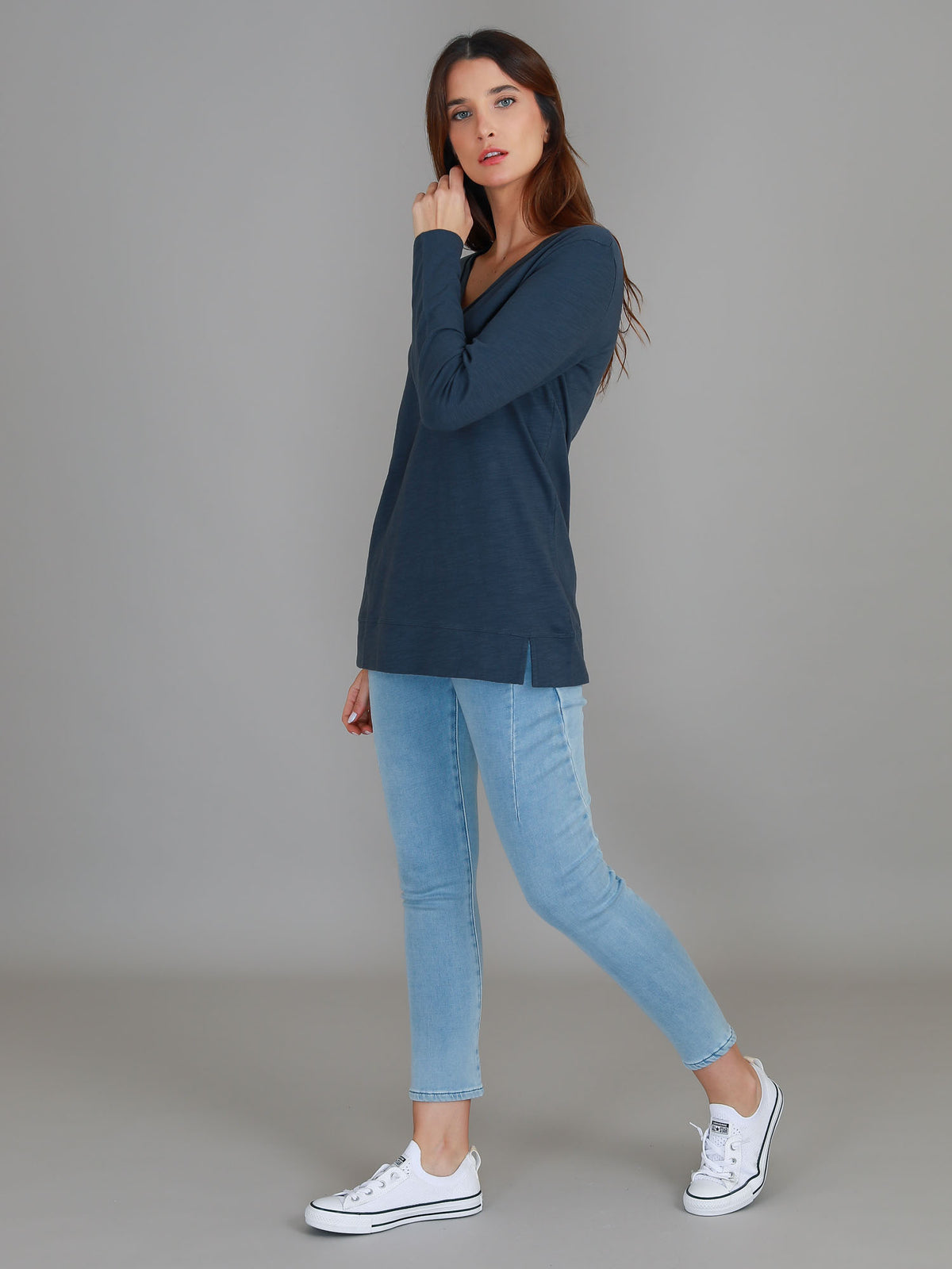 indigo side split v neck top