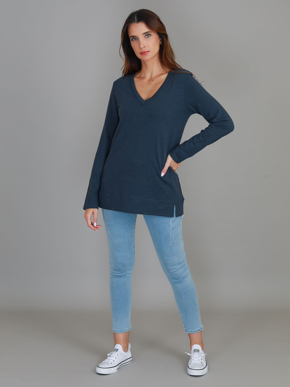 navy v neck top long sleeve