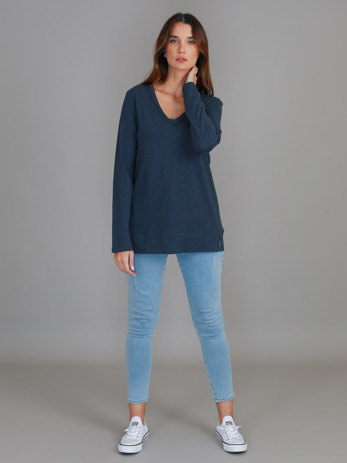 indigo v neck tee women