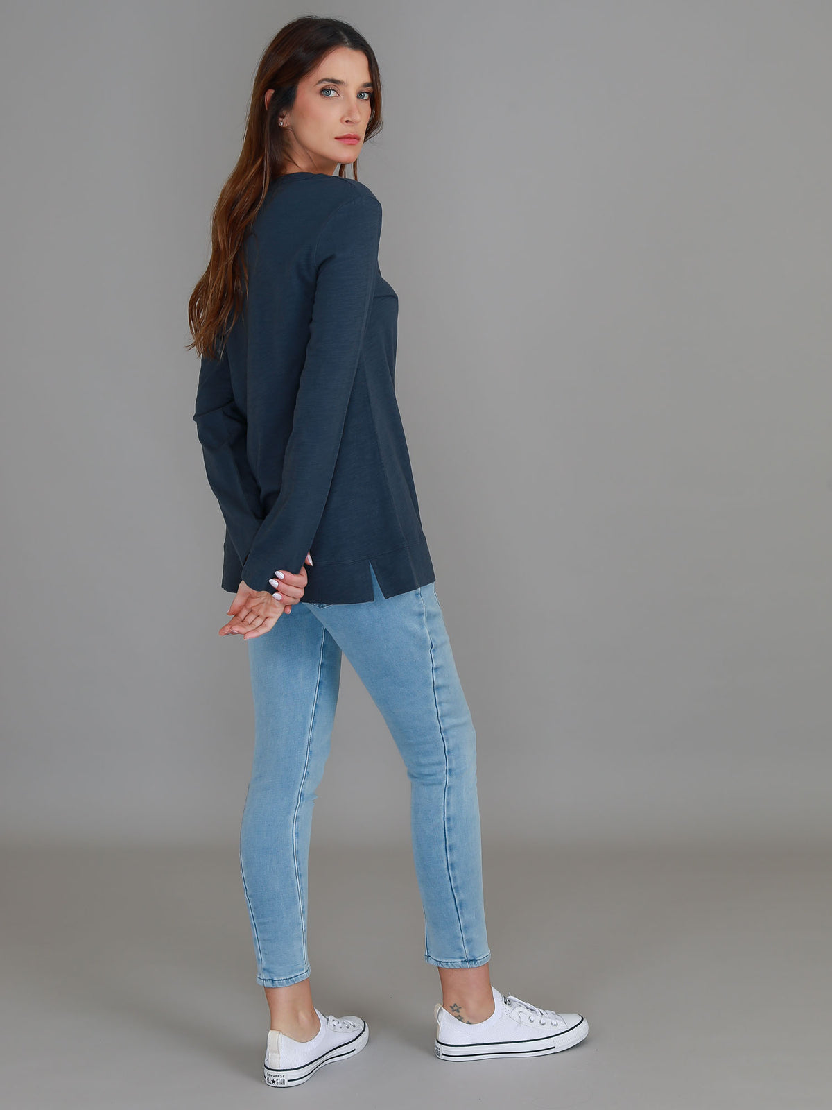 navy v neck longline tee