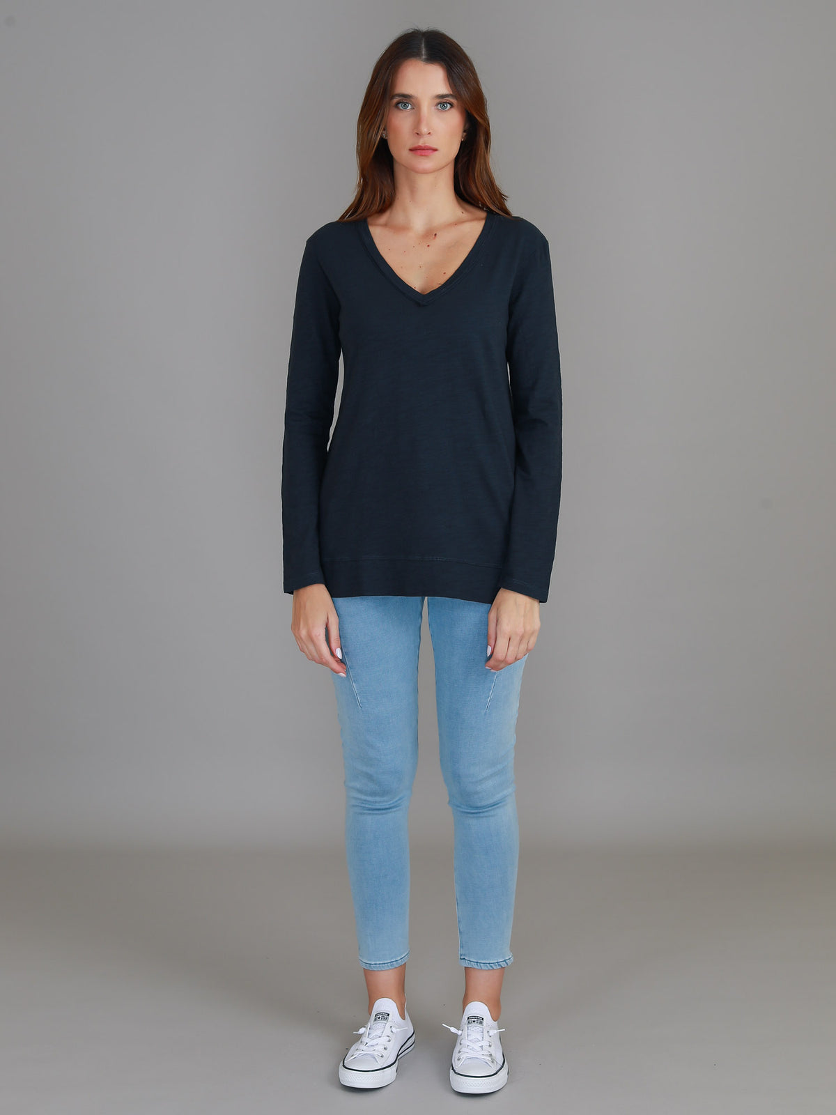navy cotton v neck long sleeve