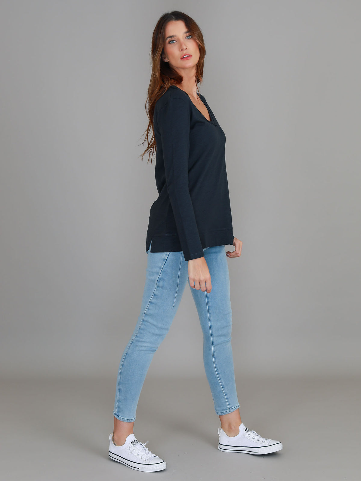 navy v neck long sleeve top