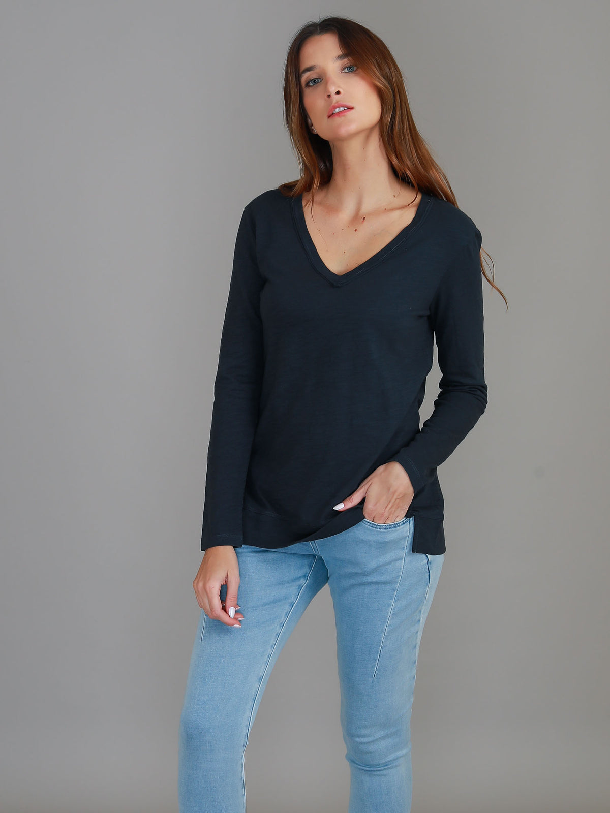 indigo v neck long sleeve tee