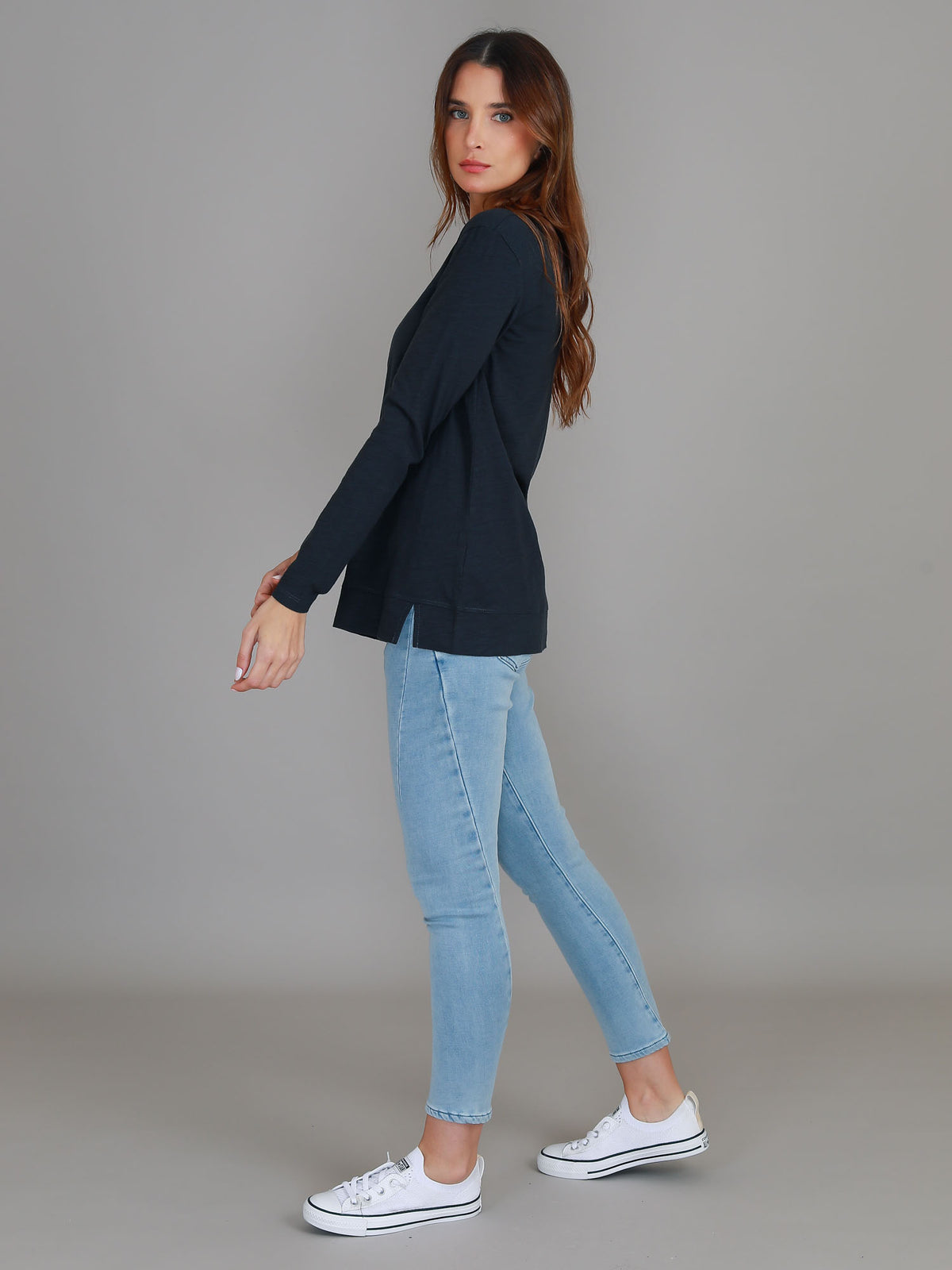 indigo v neck tee long sleeve