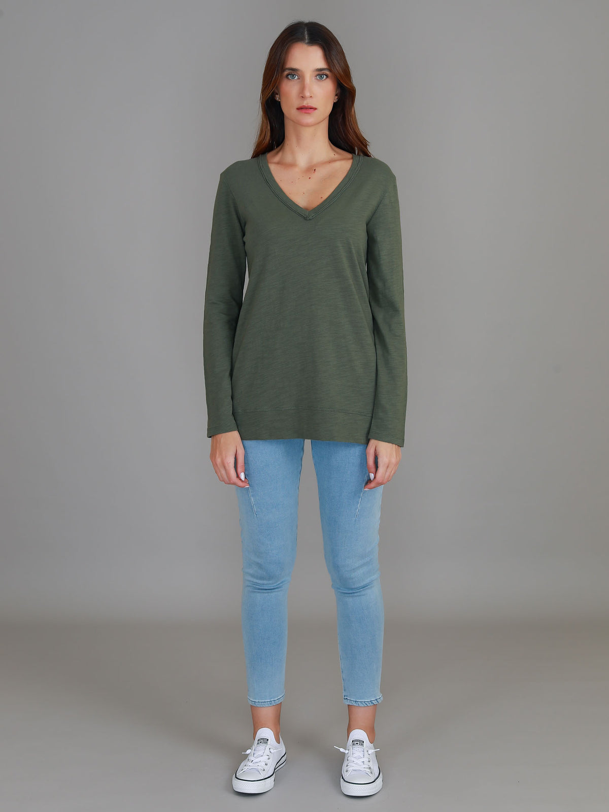 green cotton v neck long sleeve