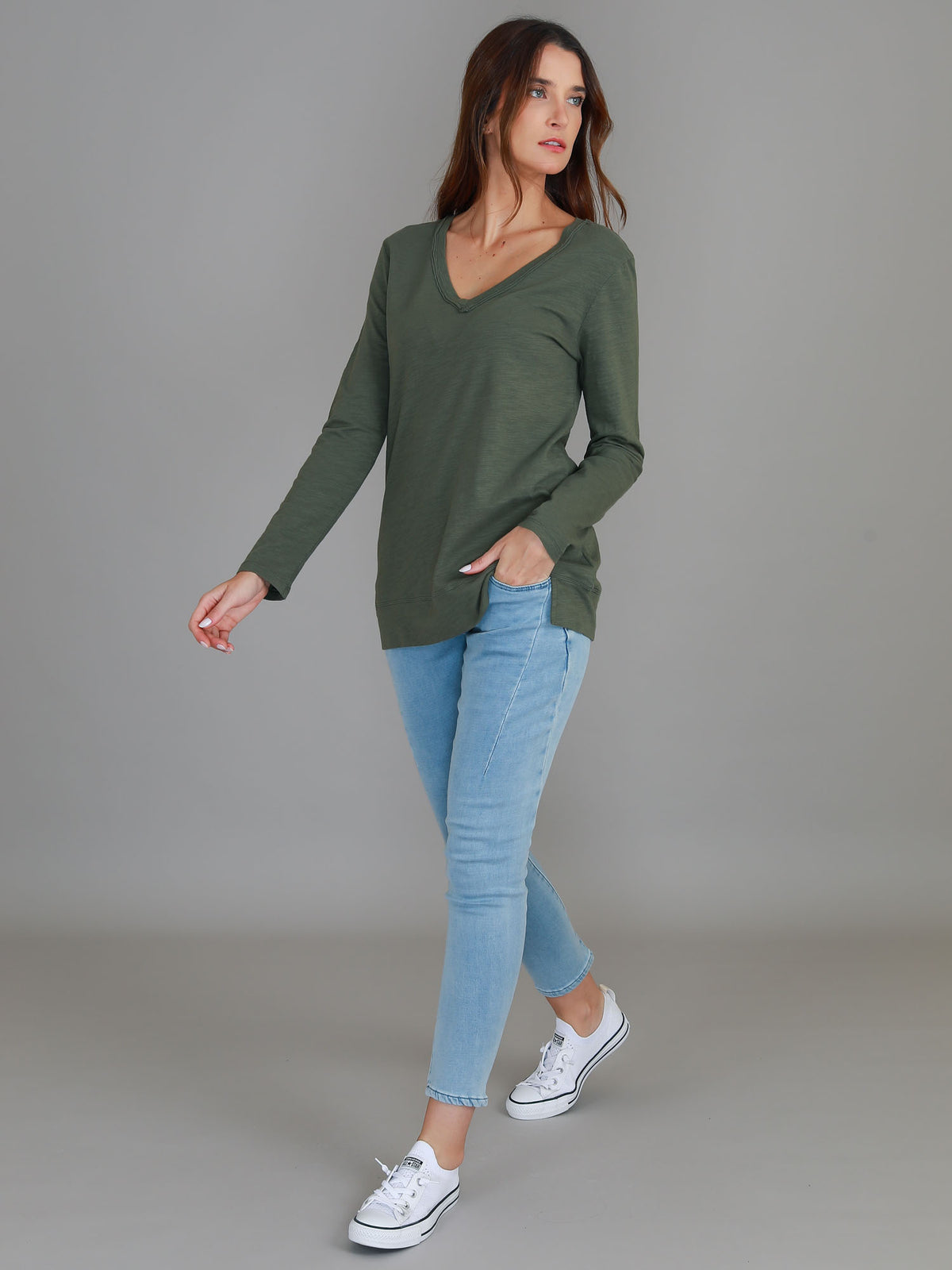 khaki v neck long sleeve top