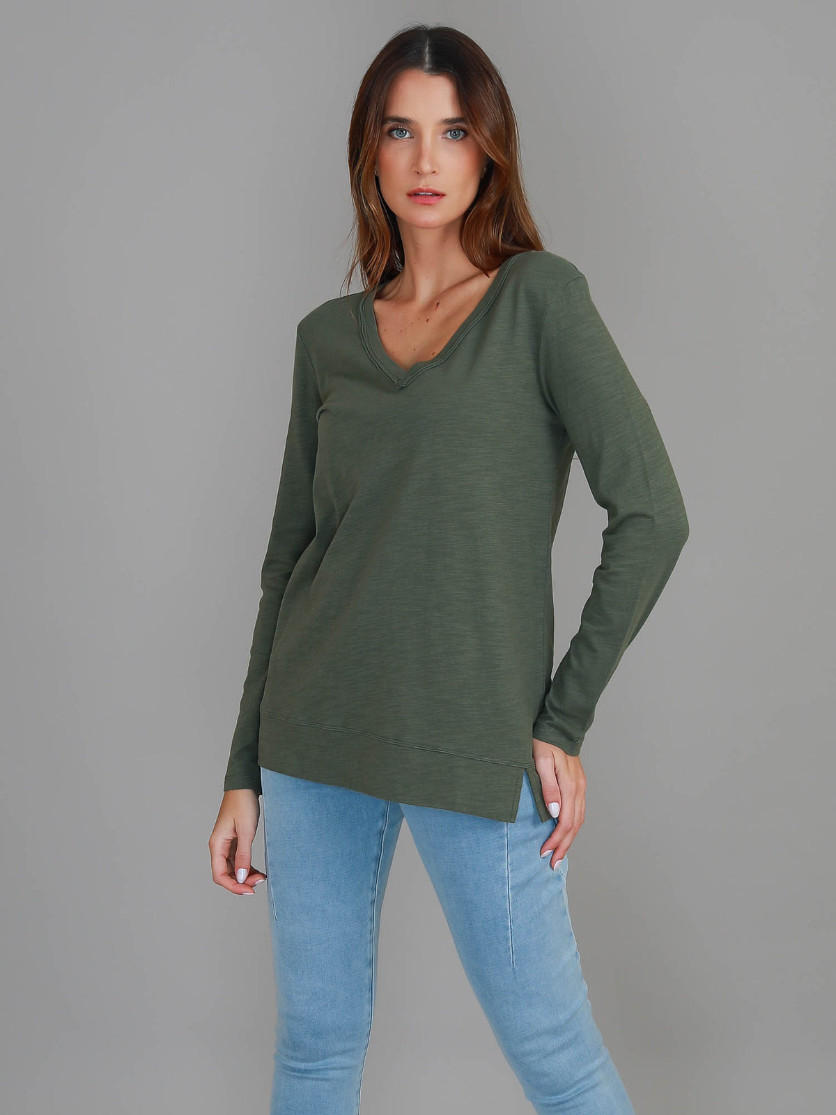 khaki v neck long sleeve tee