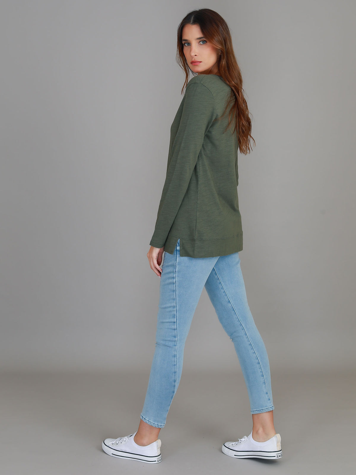 khaki v neck tee long sleeve