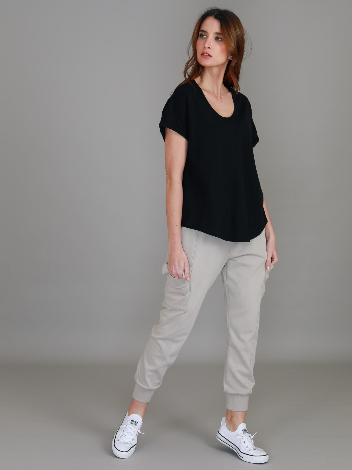black scoop neck cuff tee
