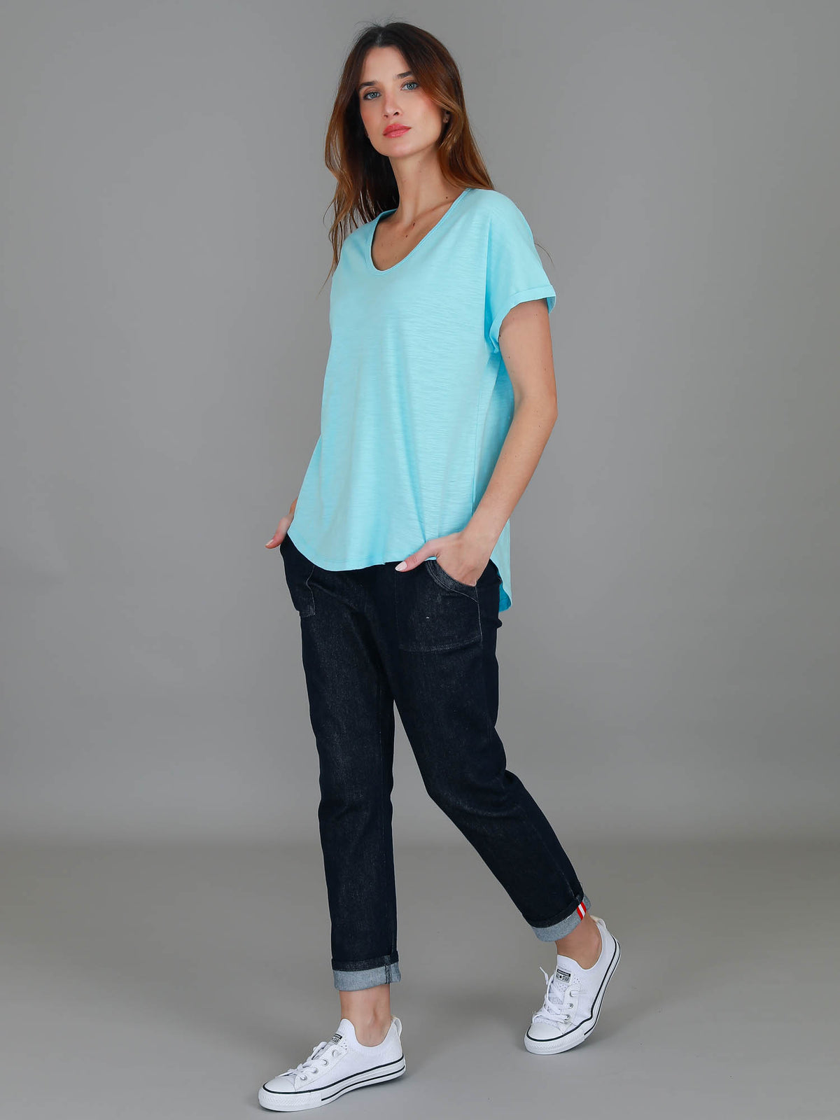 blue cuff sleeve top