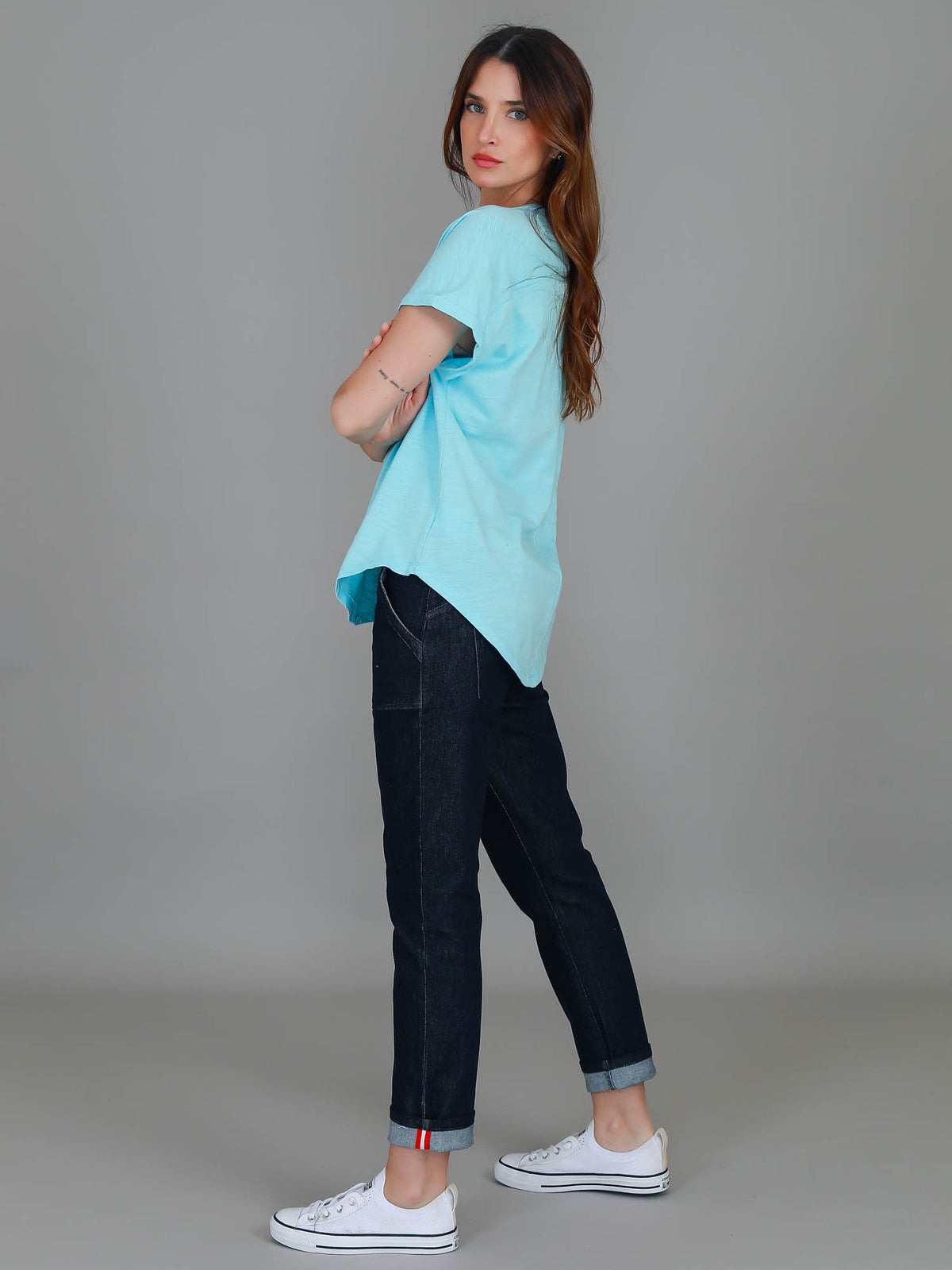 cyan scoop neck cuff tee