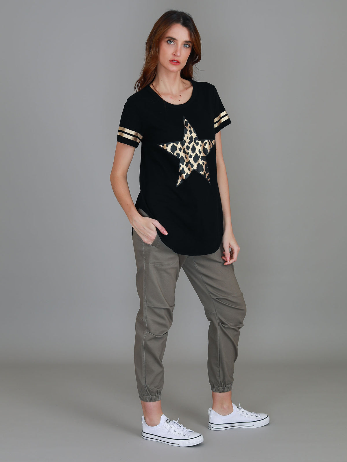 black metallic leopard star tee