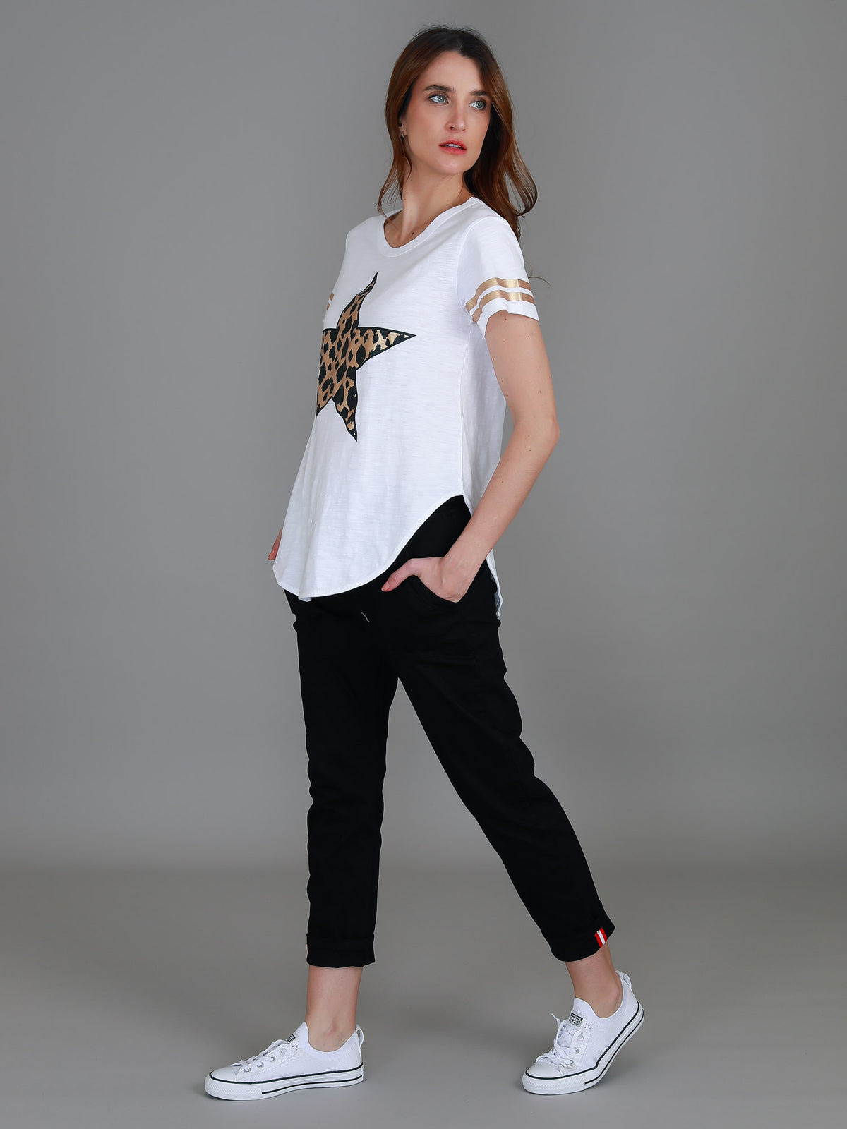white metallic leopard star tee