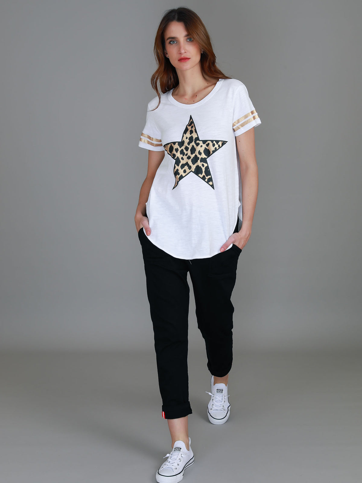 white leopard star print tee
