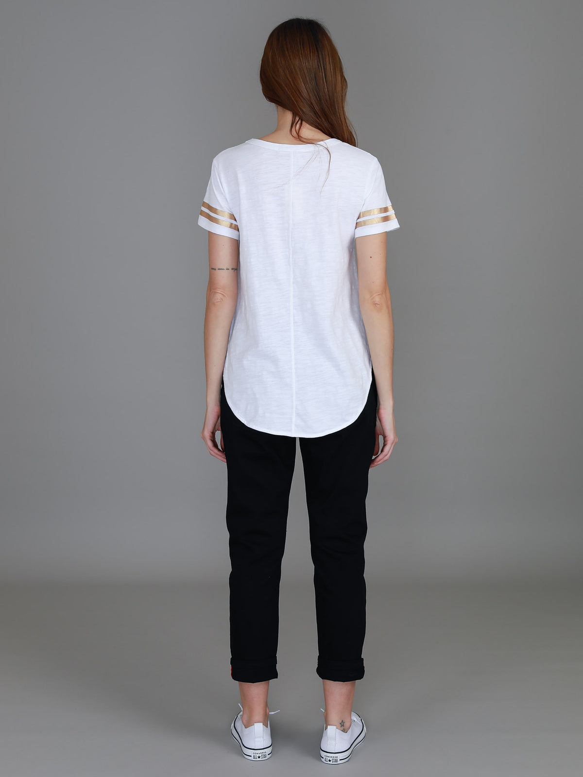 white star leopard sleeve stripe tee
