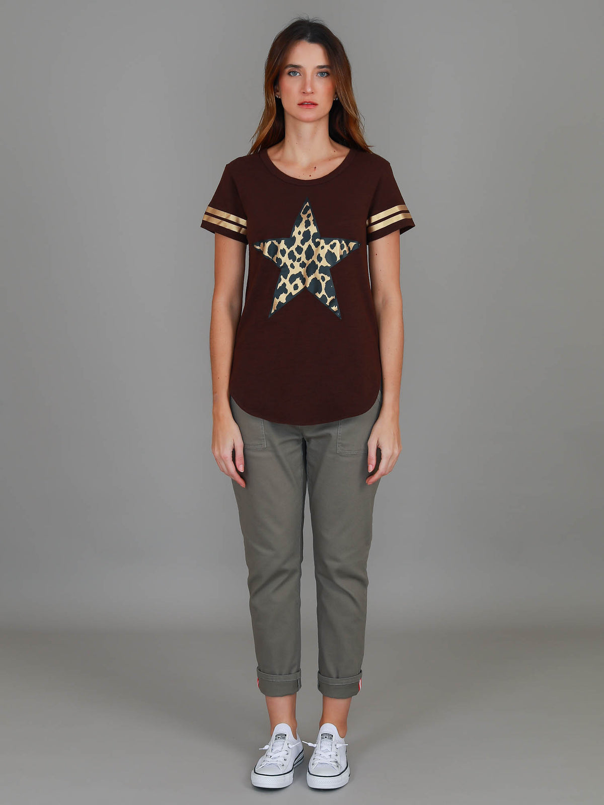 brown leopard star tee women