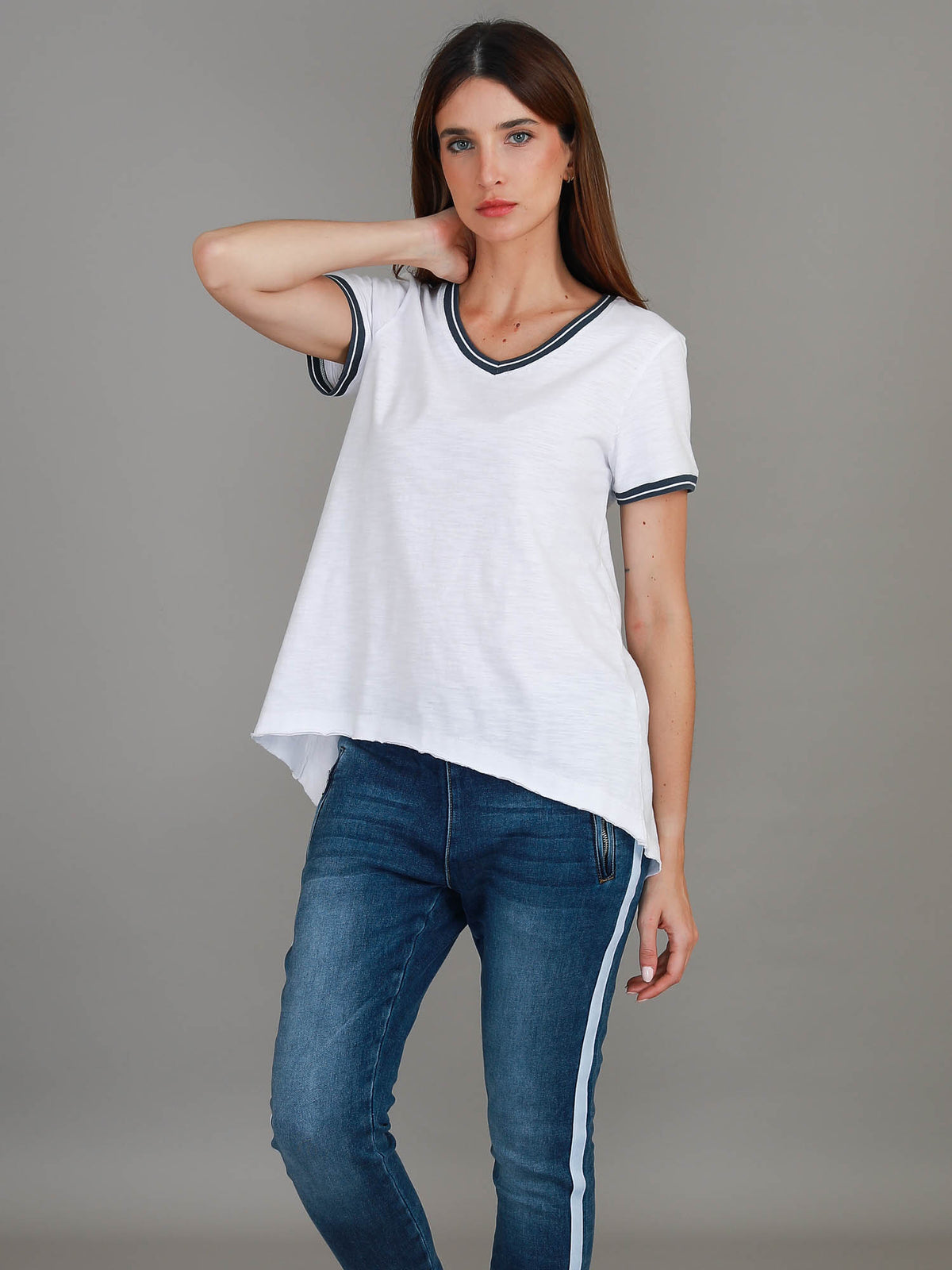 Mariella Contrast Sleeve V Neck T Shirt