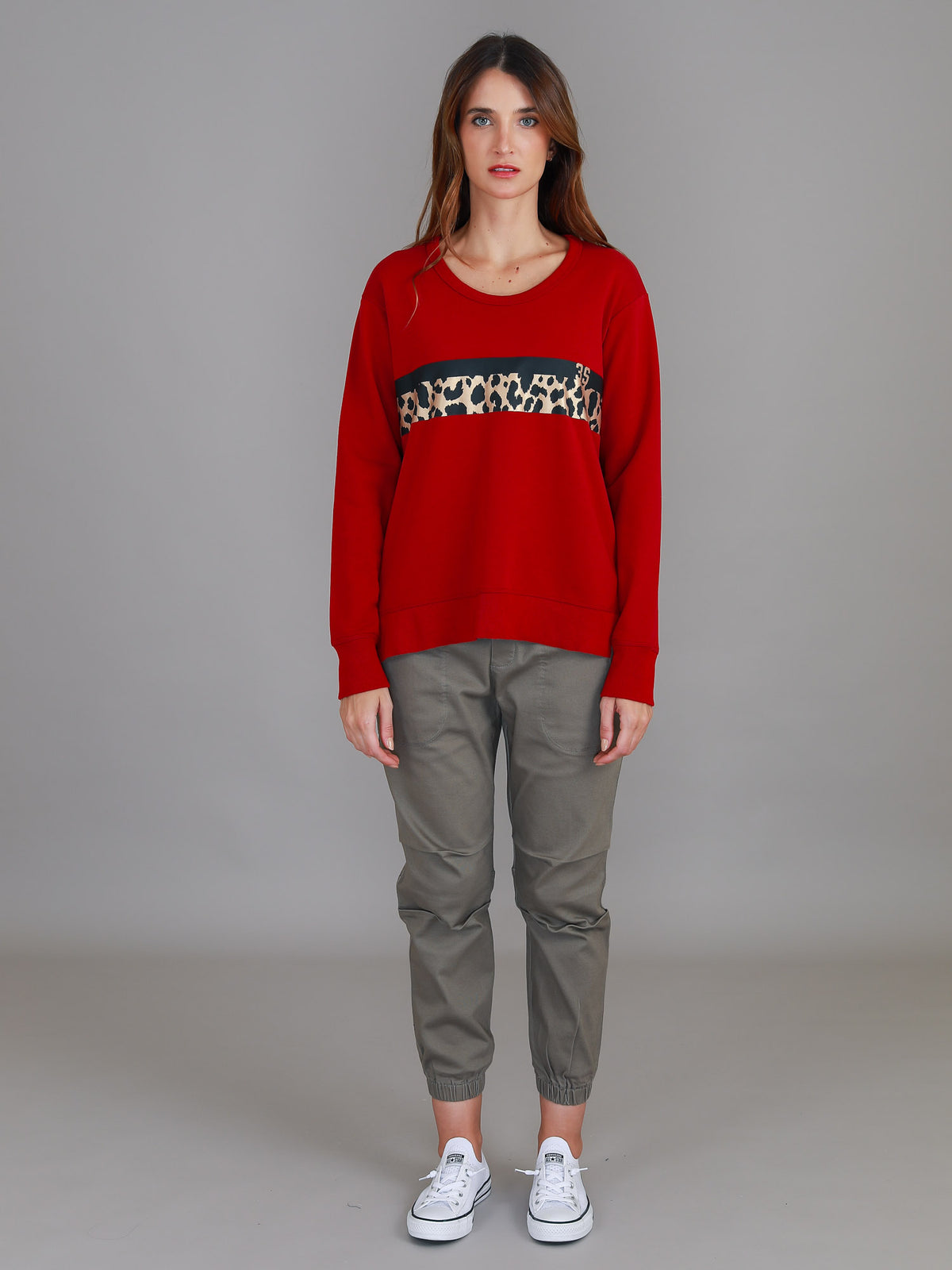 red crew neck leopard sweatshirt