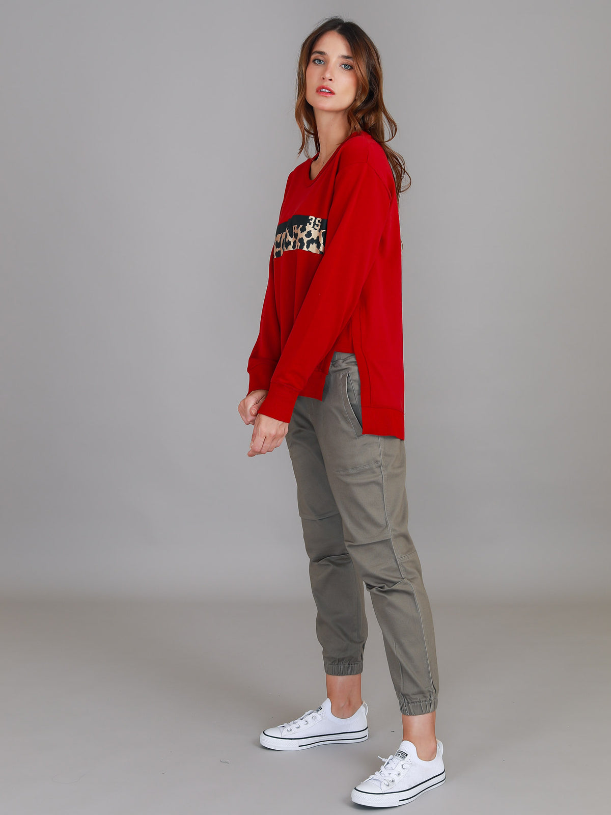 leopard panel sweatshirt red