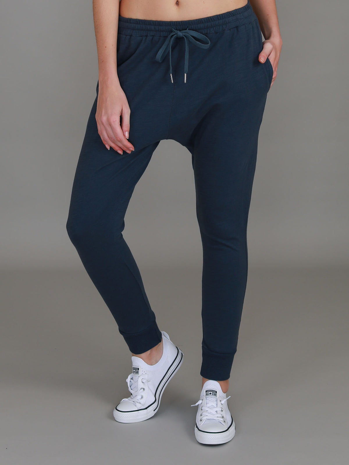 indigo drop crotch joggers
