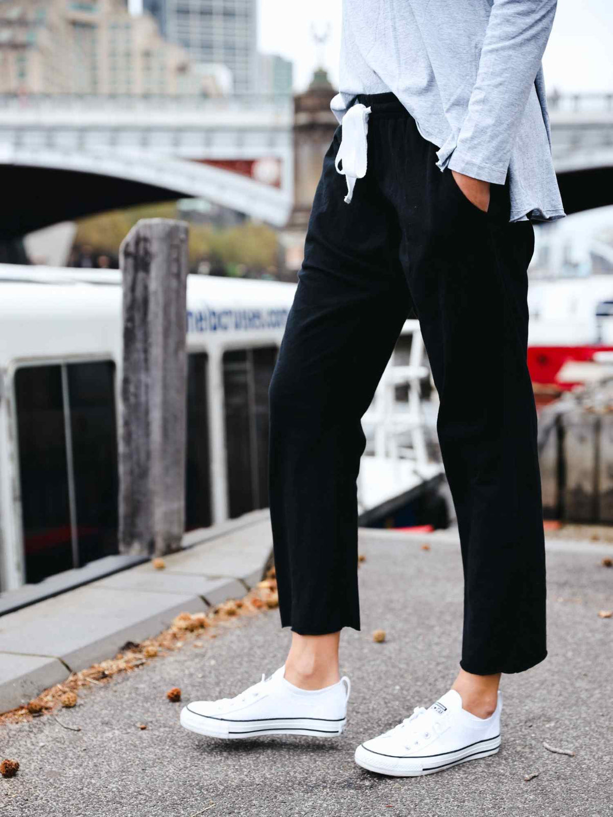 black raw hem joggers