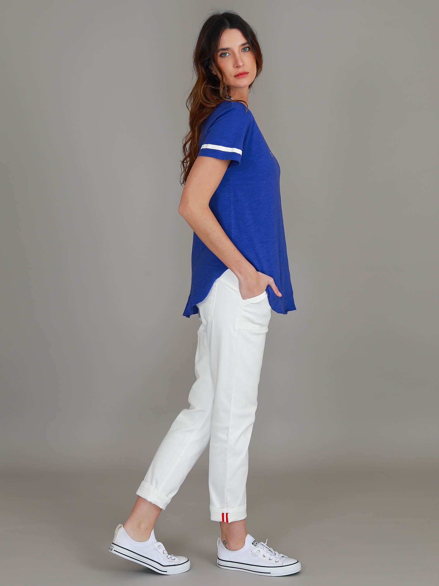 blue and white top #color_pansy
