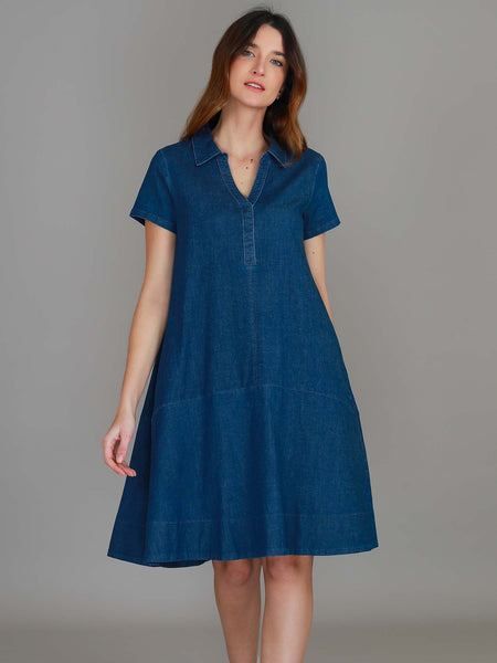 denim dress knee length short sleeve Women's Petite Denim Short Sleeve Mini Dress, Mid Wash