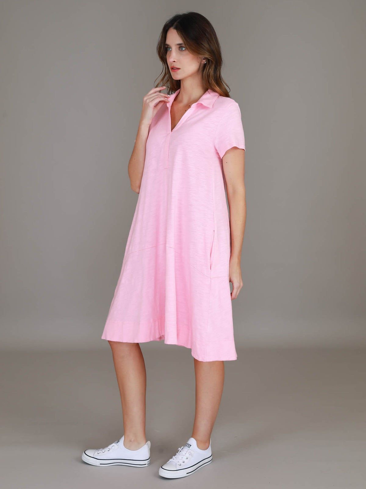 pink knee length dress #color_powder pink