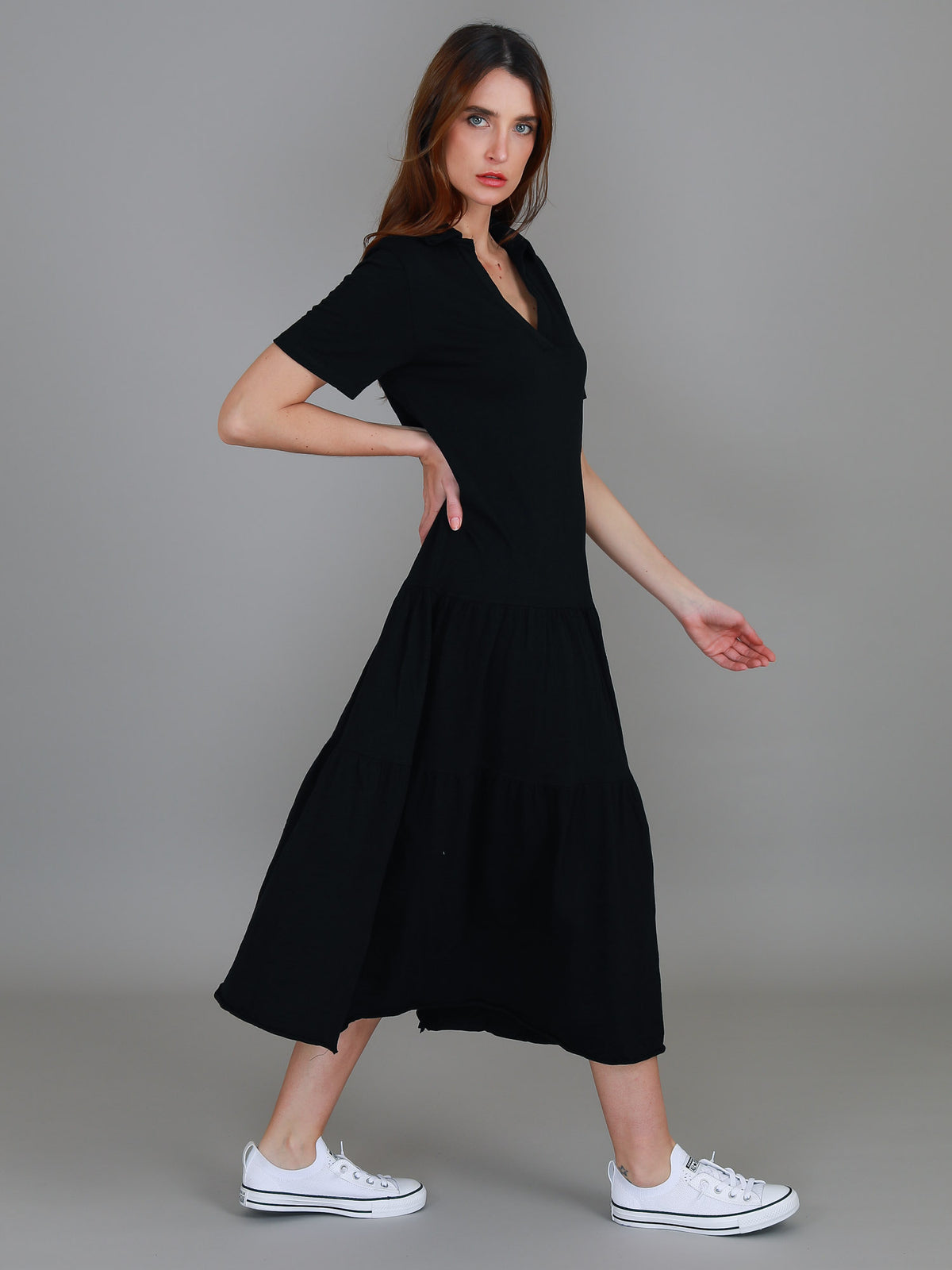 black tiered midi dress