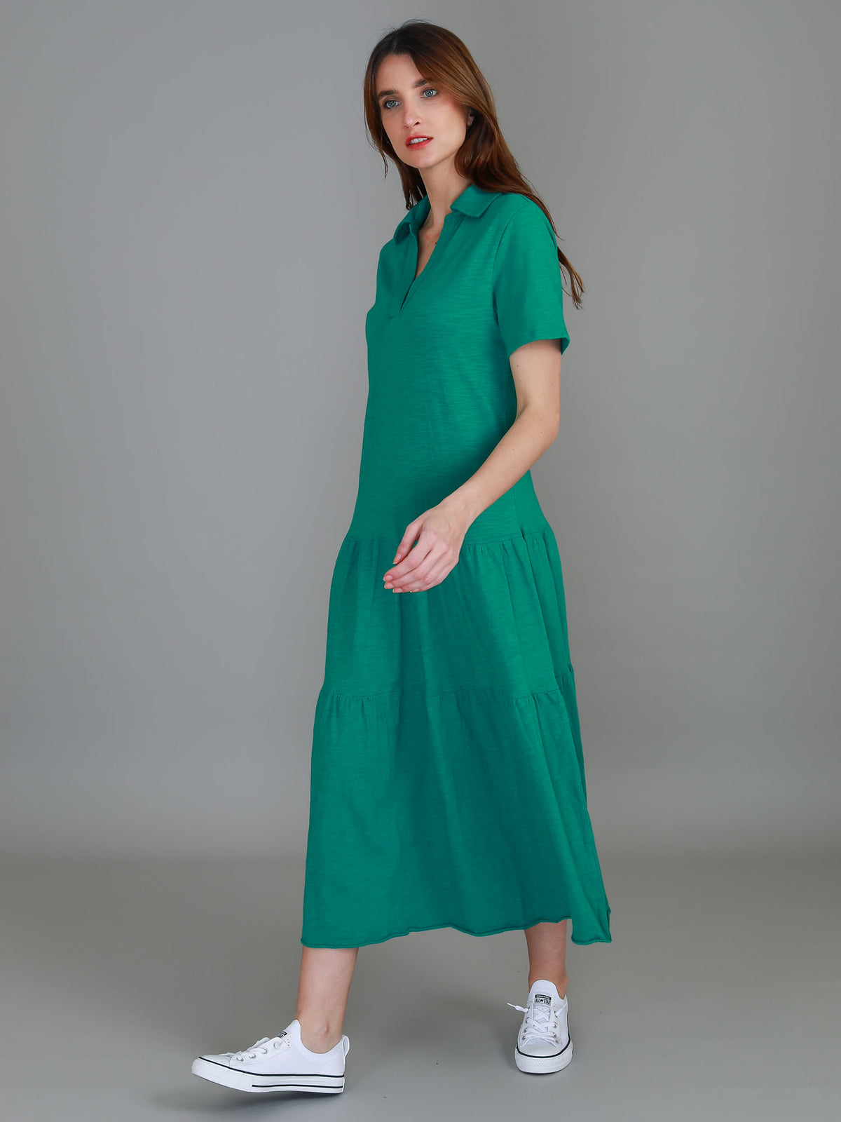 green tiered midi dress