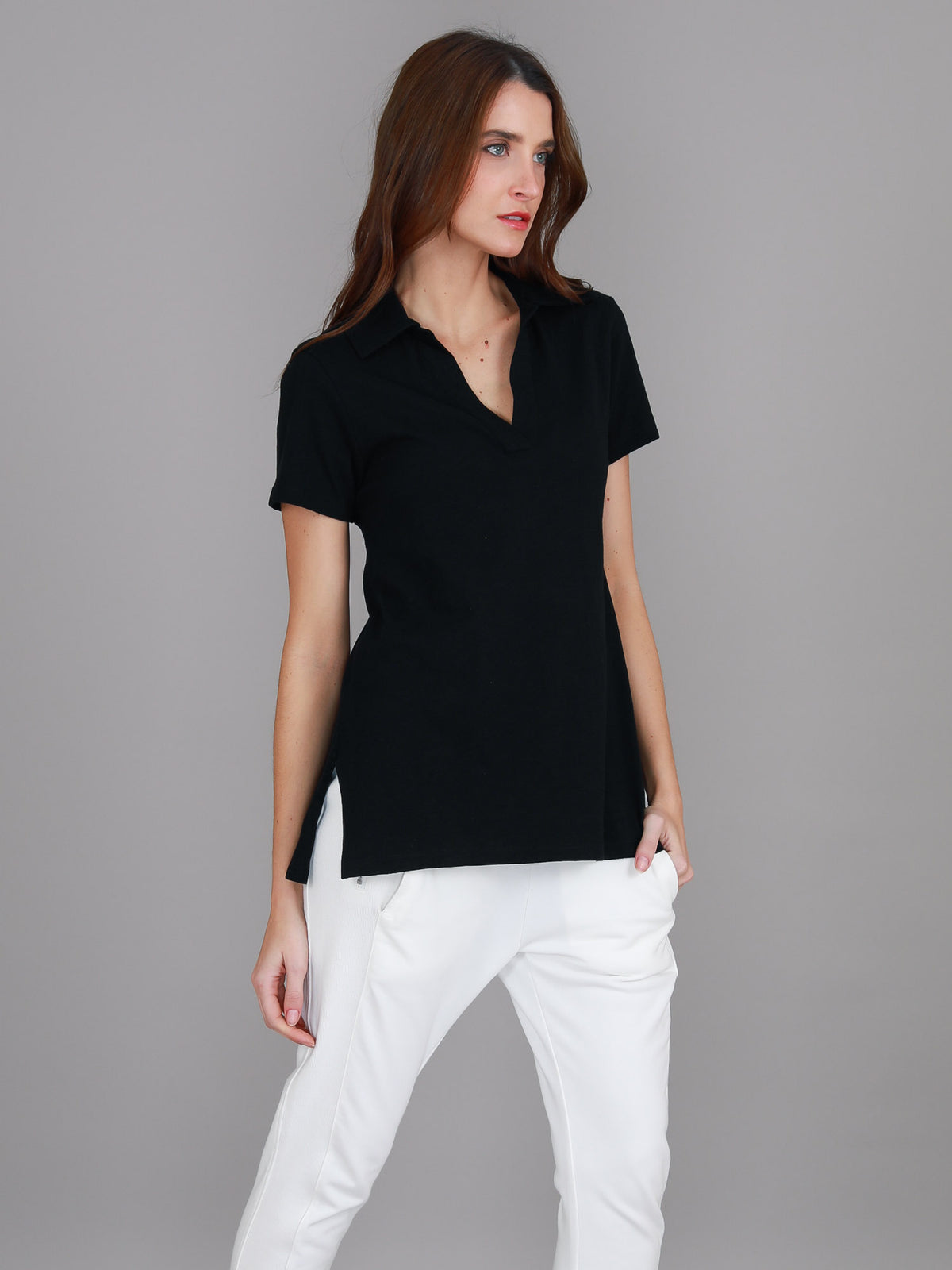 black v neck polo tee