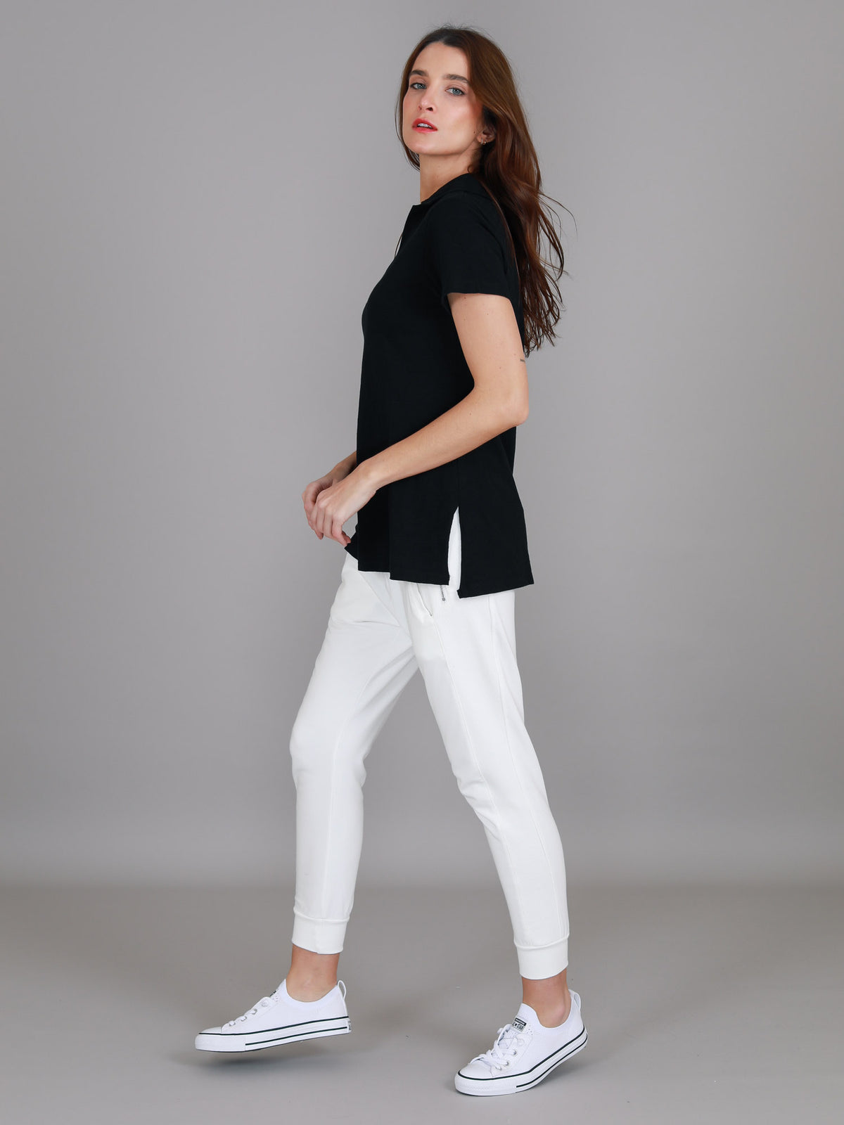 black curved hem polo