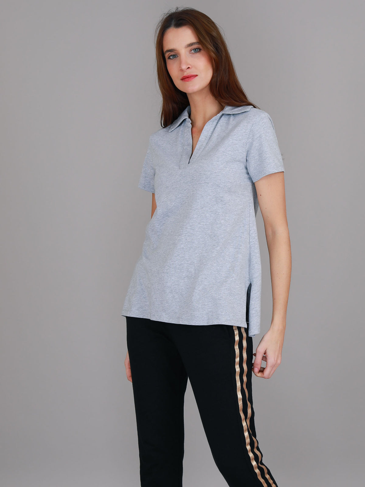 grey v neck polo tee