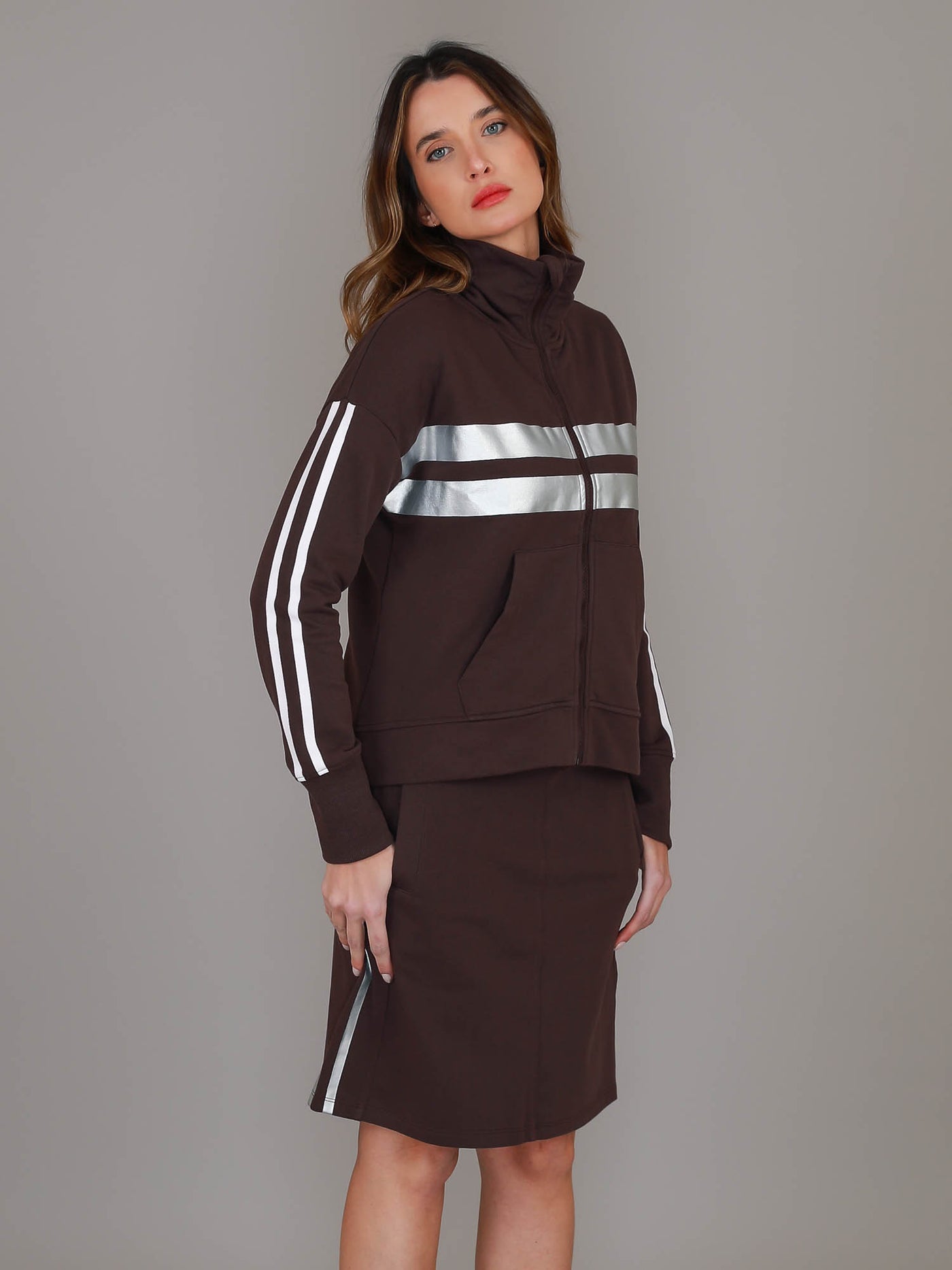 Celine | Women's Zip-Up Track Jacket – Stripe Panel Cotton French Terry