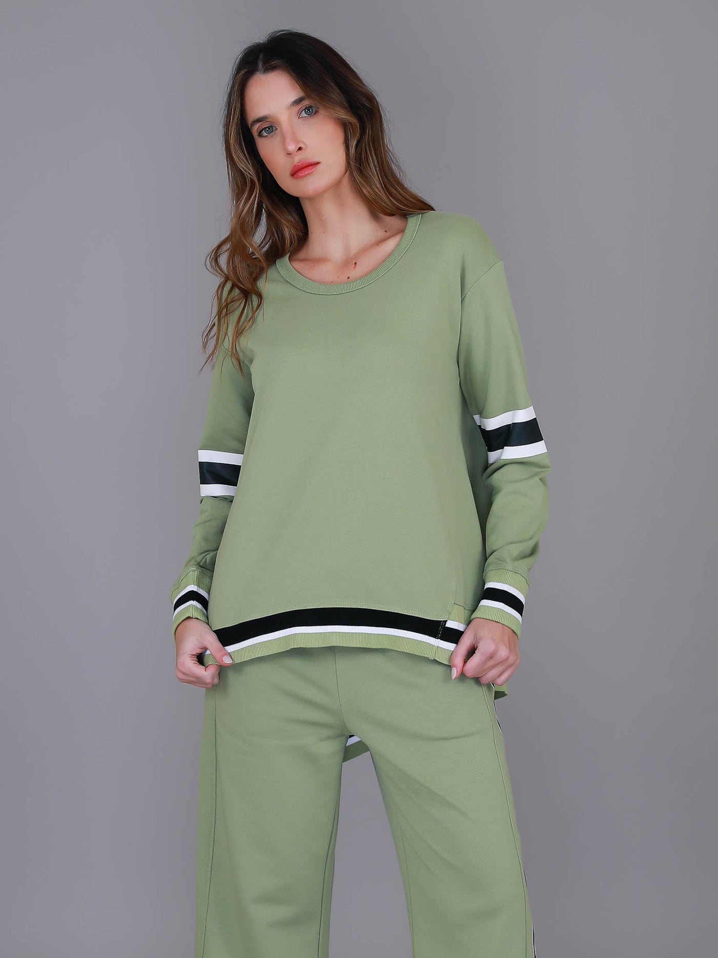 Caitlyn | Women's Oversized Crewneck Sweatshirt – Sleeve Stripe Cotton French Terry