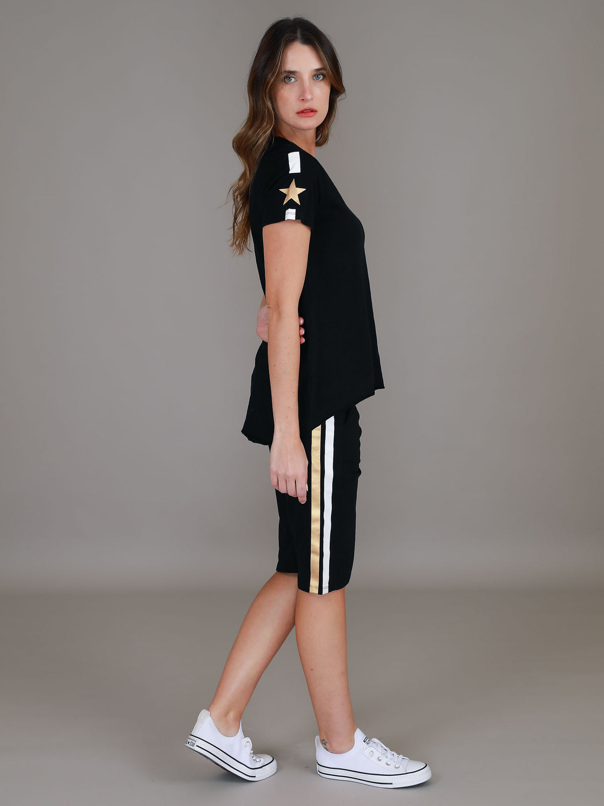 black stripe shorts women #color_black/gold
