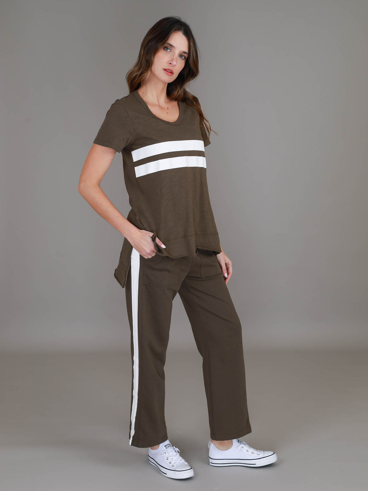 green stripe hi lo top #color_dark olive