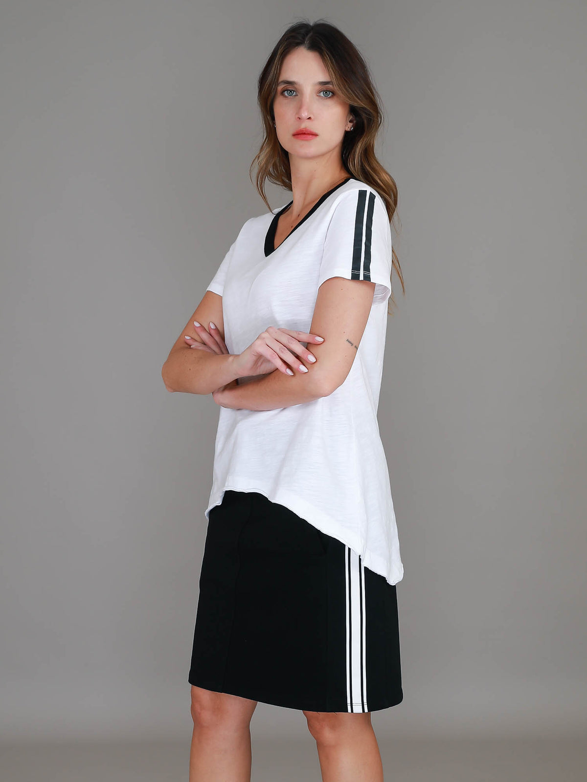 Martha | Women's Side Stripe V Neck T Shirt – Cotton Jersey