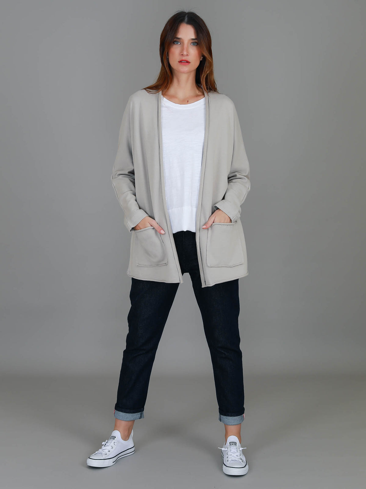 long beige cardigan