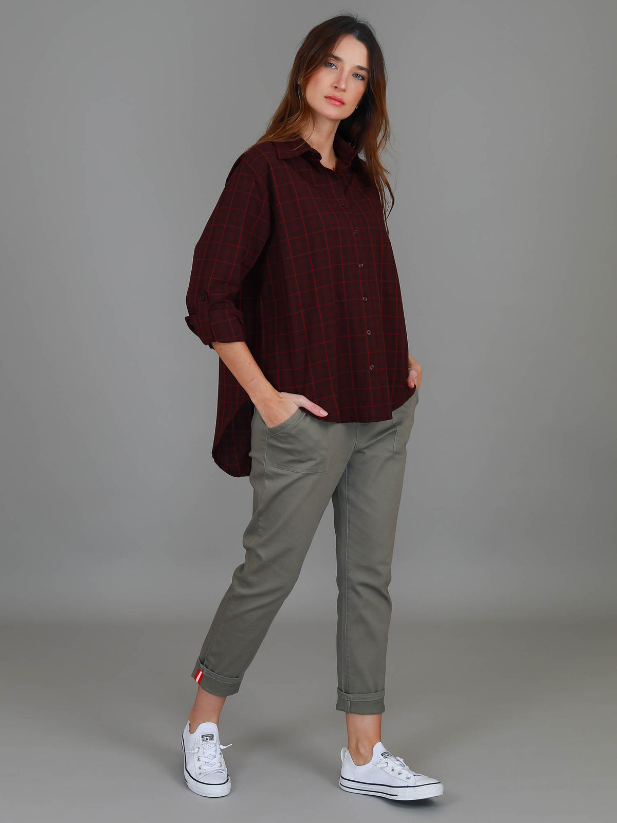 burgundy check shirt