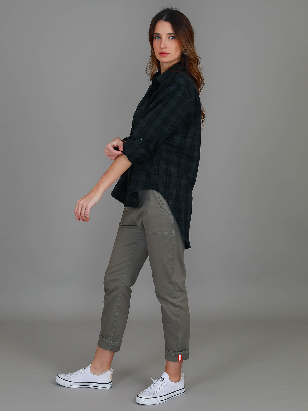 teal check button up