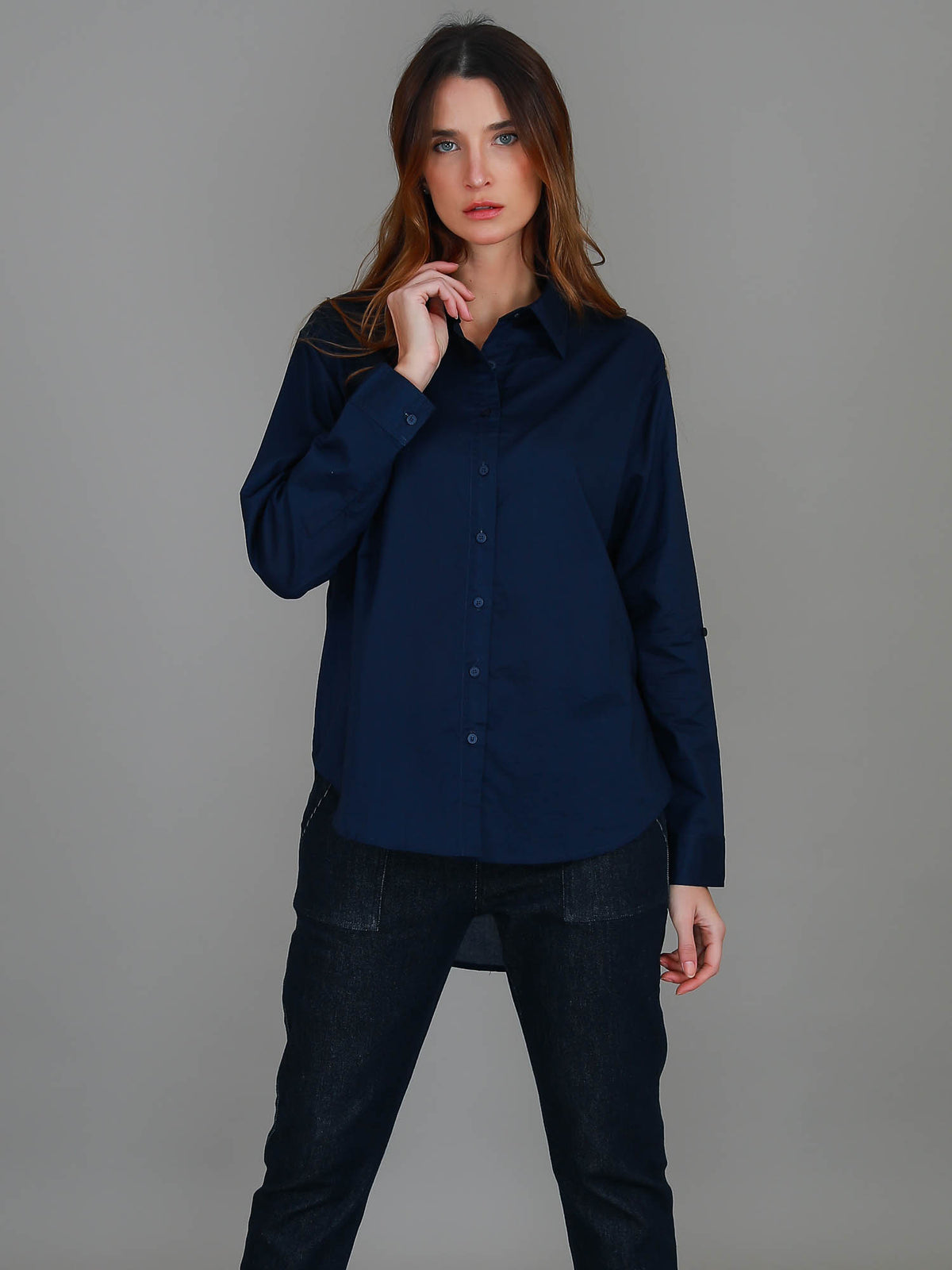 navy button up shirt